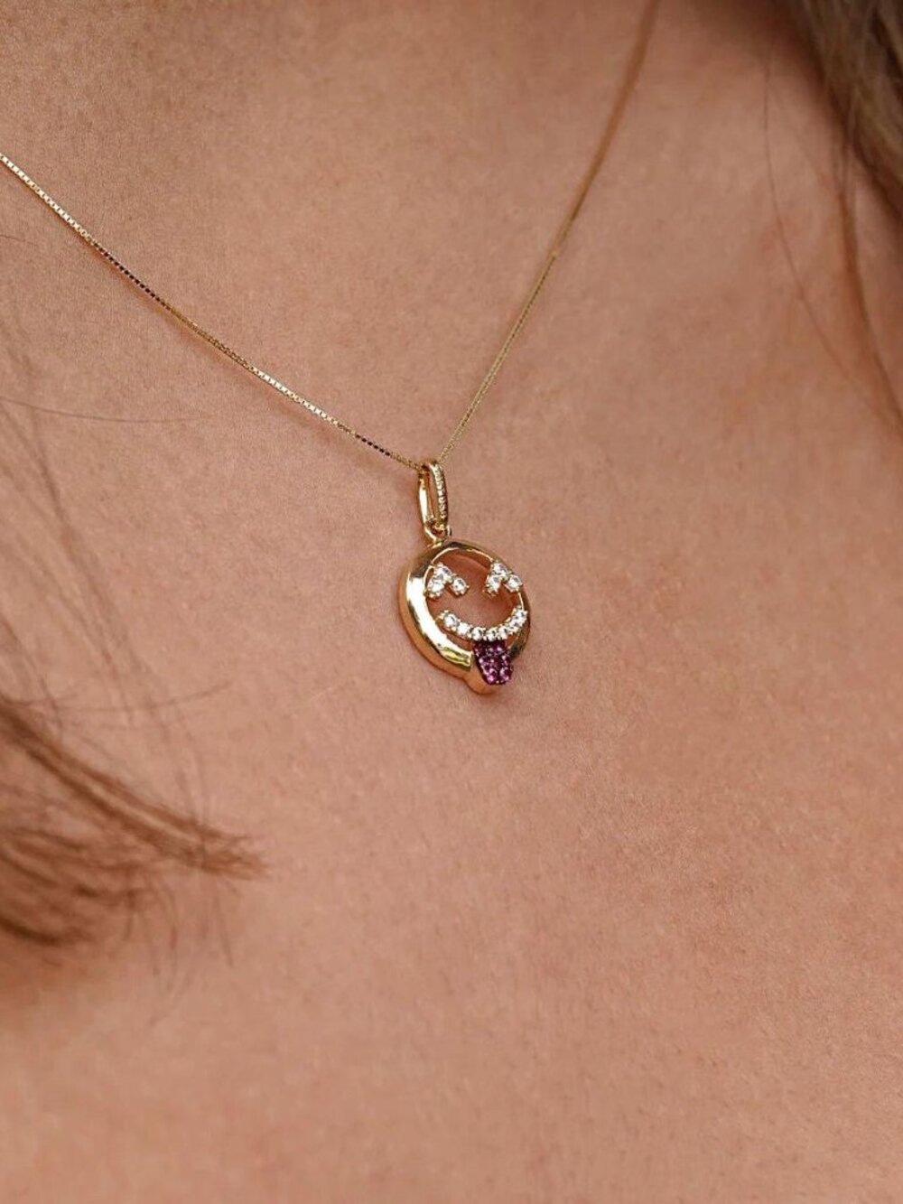 14k Solid Gold Wink Emoji Pendant Charm Zircon By Tehrani Jewelry